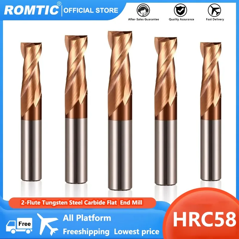 

ROMTIC HRC58 2-Flute Bronzer Coating Tungsten Steel Carbide Flat Milling Cutter CNC Mechanical Machining Center End Mill Tools