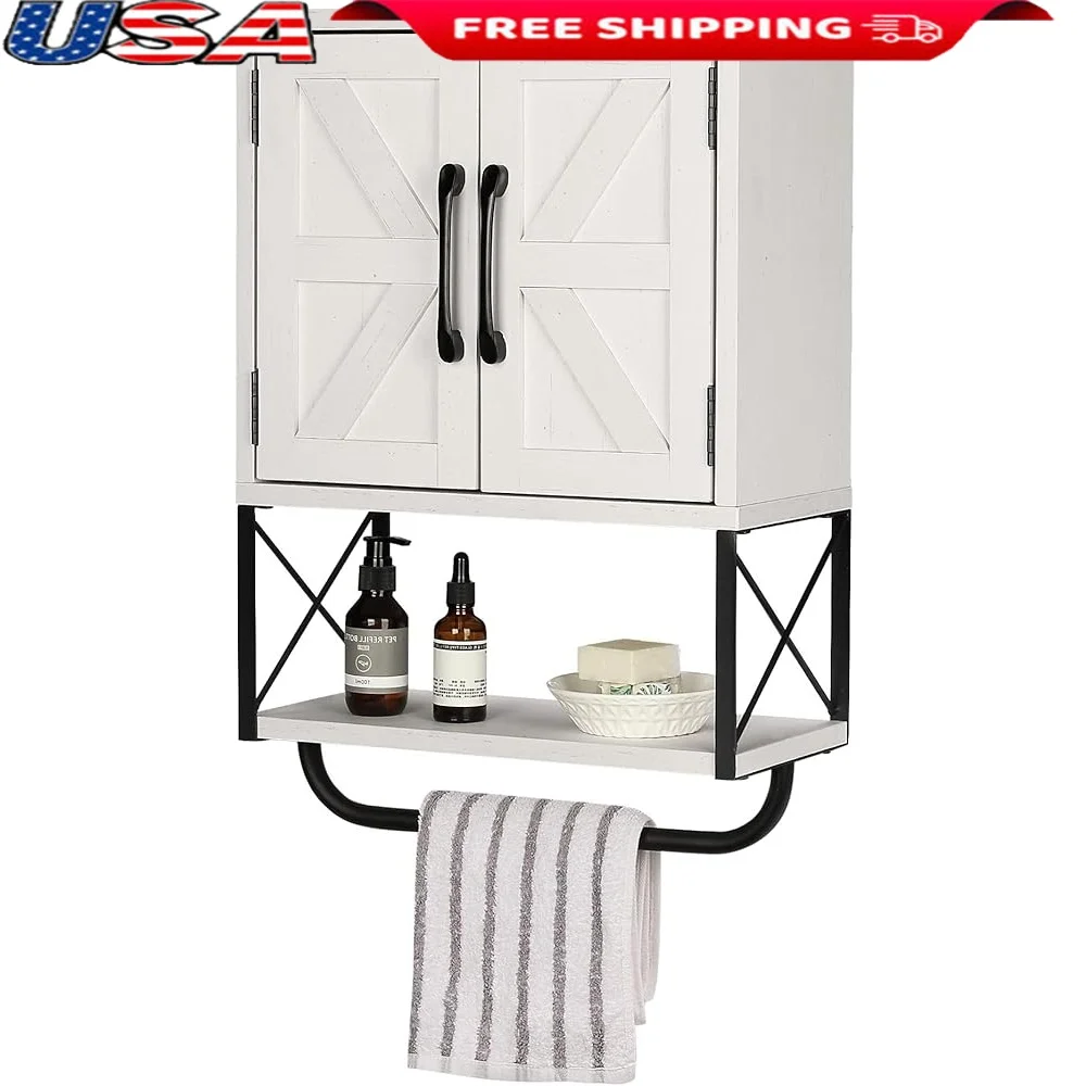 

Farmhouse Medicine Cabinet Wall Mounted Storage with Adjustable Shelf Towel Bar Vintage Wood Rustic Design Organizer