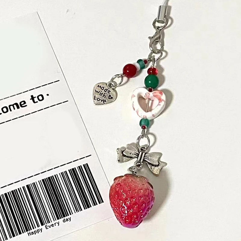 Sweet Cute Strawberry Phone Lanyard Girly Bow Heart Beaded Phone Chain Keychain Mobile Phone Strap Earphone Camera Charm