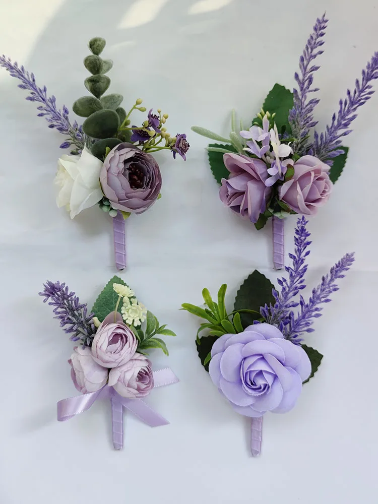 Purple Boutonniere Wedding Accessories Buttonhole Men Bride Bridesmaid Lavender Artificial Flowers Prom Corsage Table Decoration