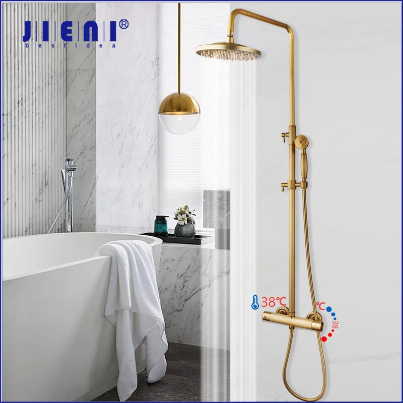 JIENI Bathroom Thermostatic Shower Faucet Set Antique Brass Wall Mounted Rainfall Shower Head W/ Single Handle Control Mixer Tap