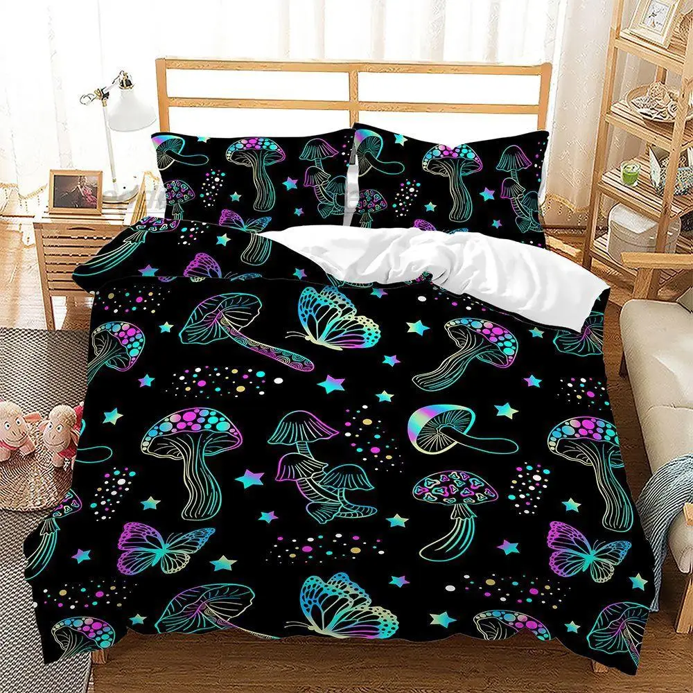 

Anime Rainbow Star Mushroom Bedding Set - Available in Single, Twin, Full, Queen & King Sizes, Ideal for Adult and Kid Bedrooms