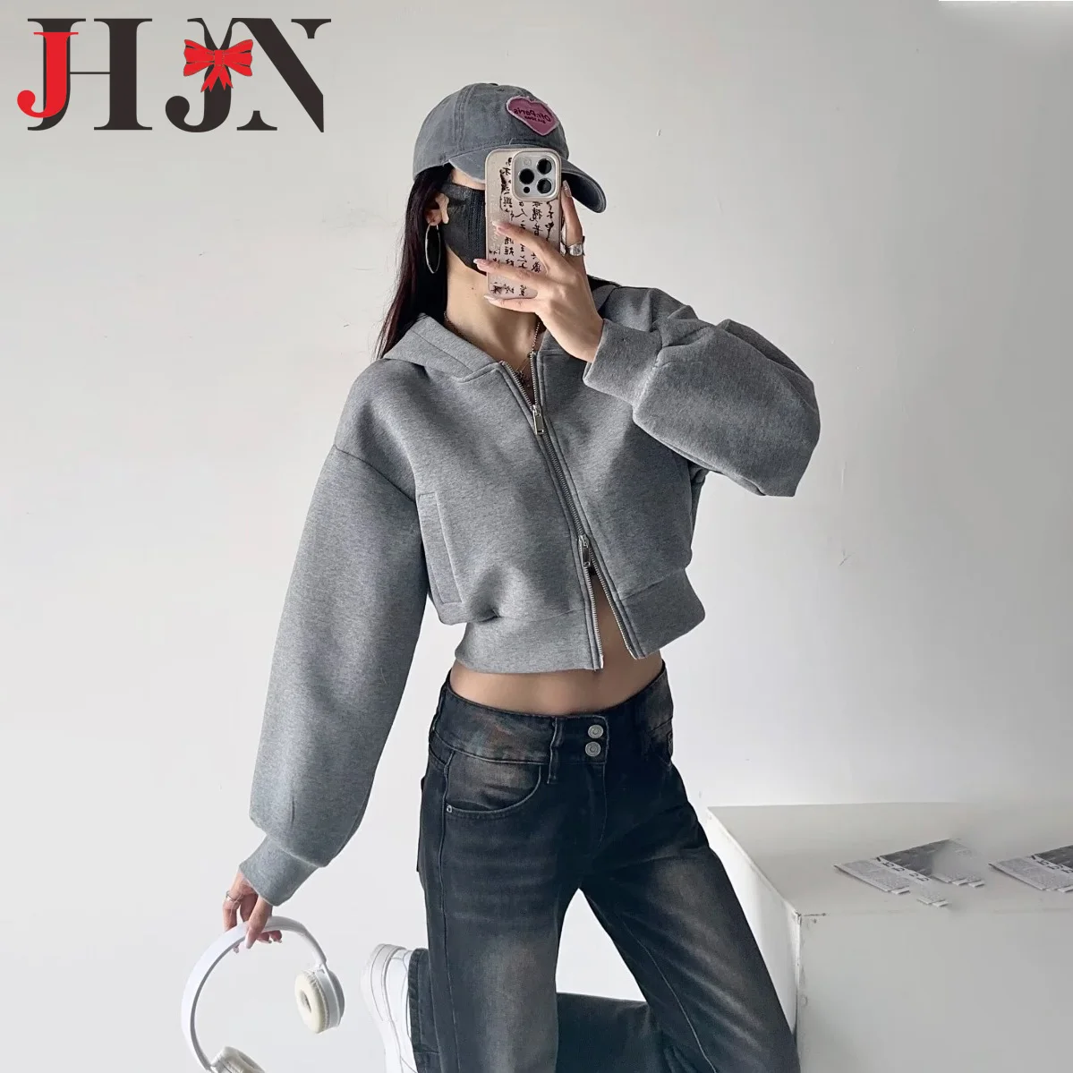 JHJN Solid Grey Woman Hoodies Sporty Casual Crop Tops Demon'S Horn Hooded Sweatshirt Comfortable Zipper High Waisted Cardigan