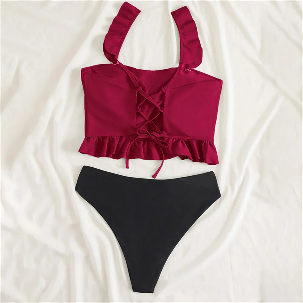 Sexy Ruffled Tankini Drawstring Back Bikini Bandeau Swimsuit Push Up Swimwears Thongs Women High Waist Beach Outfit Bathing Suit
