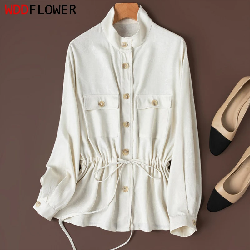 

70% Natural Silk 30% Cotton Spun Silk White Stand Collar Buttons Down Belted Waist Women Long Sleeve Shirt Top Blouse L XL M1626