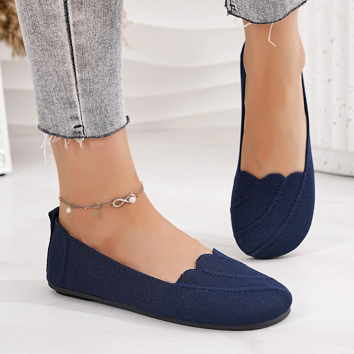 Lässige, flache, gestrickte, ausgehöhlte Arbeitsschuhe für Damen, einfarbig, runde Zehenpartie, atmungsaktive Slip-On-Schuhe, bequeme Sommerschuhe – Detail 6