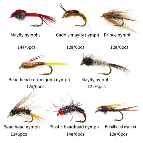 Imagen 2 del producto Vampfly-Juego de moscas con cabeza de cuentas de cobre, 48 Uds., John Ninfa Caddis May Fly Nymphs, moscas secas con caja para moscas para cebo de señuelo de pesca de trucha