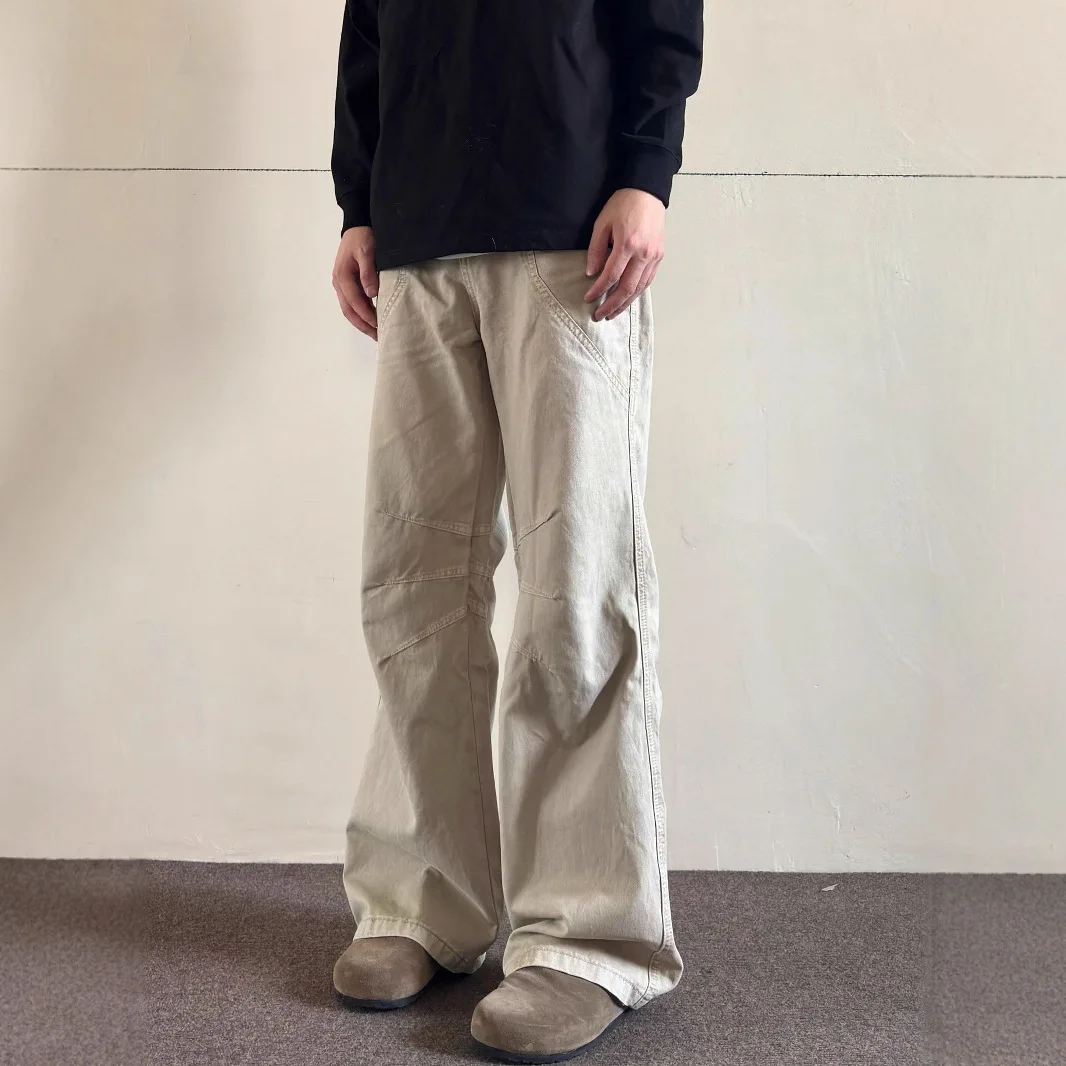 American Style Spring Autumn New Fashion Men Khaki Solid Color Spliced Casual Trendy Wide Leg Straight Simple Basic Cargo Pants