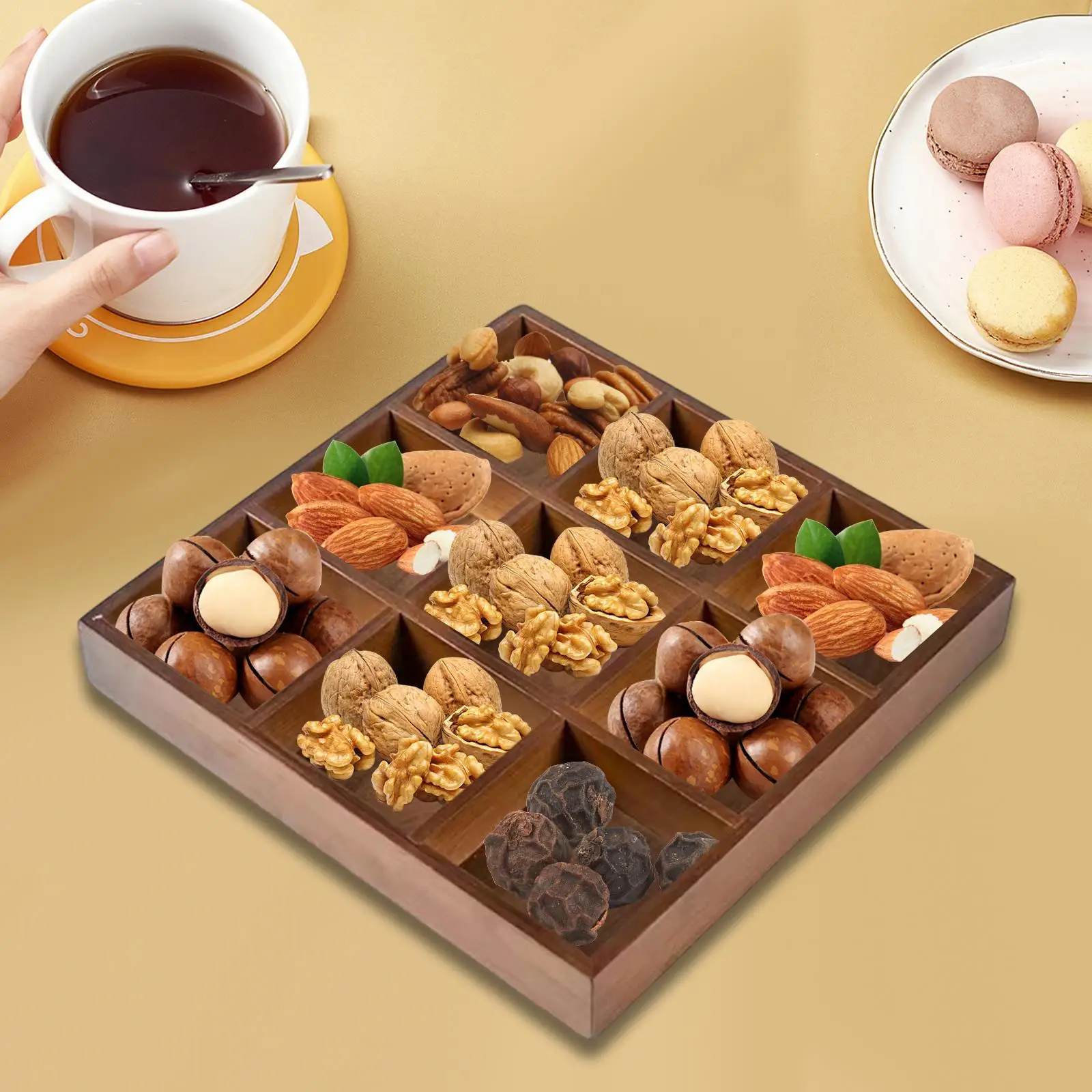 9 Section Bamboo Organizer Tray for Appetizers Dessert Fruit Decoration Home Hospitality Table