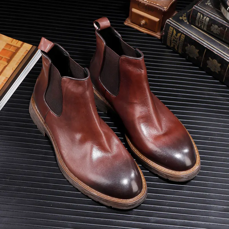 Botines Chelsea de cuero genuino de vaca de estilo británico para hombre, zapatillas altas con banda elástica sin cordones, botas de vestir informales para hombre