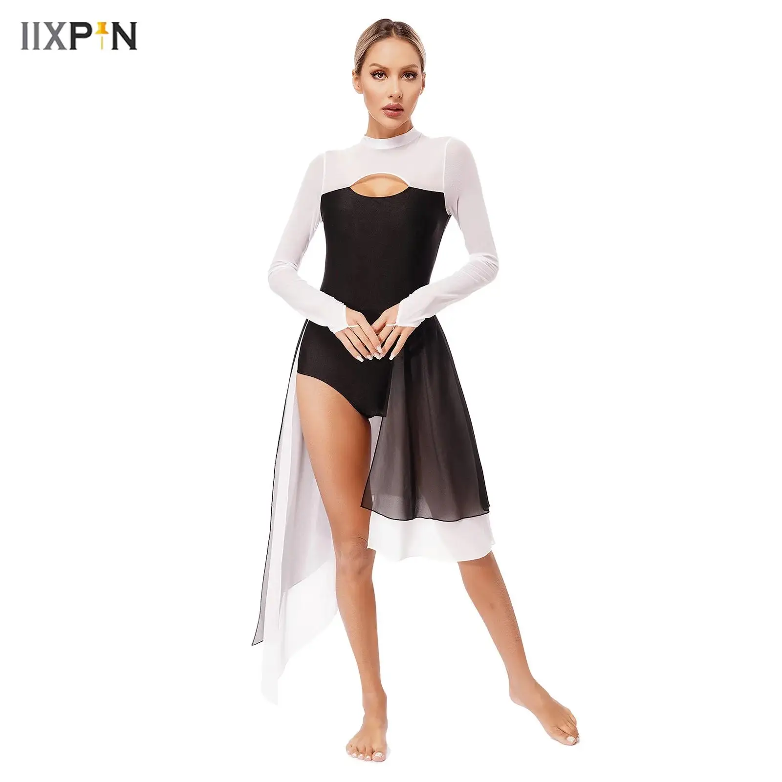 

Womens Lyrical Dance Skirt Leotards Long Sleeve Sheer Mesh Backless Dress Figure Skating Gymnastic Bodysuit Performance Costume