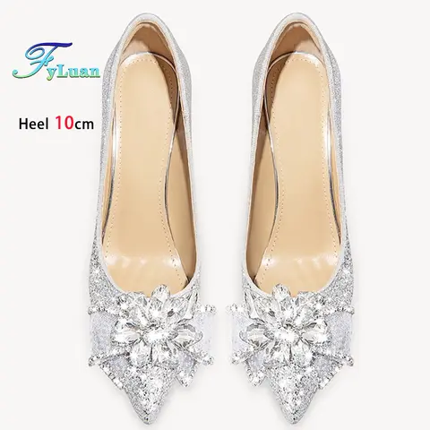 Crystal Flower Stiletto Gradient Starry Sky Black High Heels 10cm Women Shoes Thin Heels Pointed Head Ladies Pumps Wedding Shoes