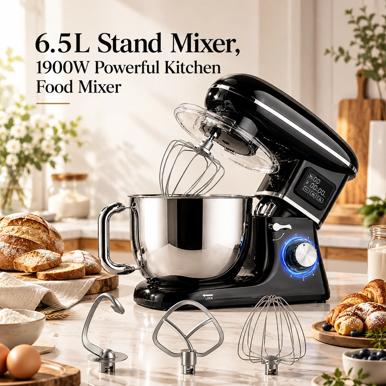 6,5L Standmixer, 1900W Leistungsstarker Küchenmixer mit LED-Digitalanzeige, 6-Gang Elektrischer Kippkopf-Teigkneter, Multifunktionaler Teigkneter mit Knethaken, Schneebesen, Rührbesen und 304