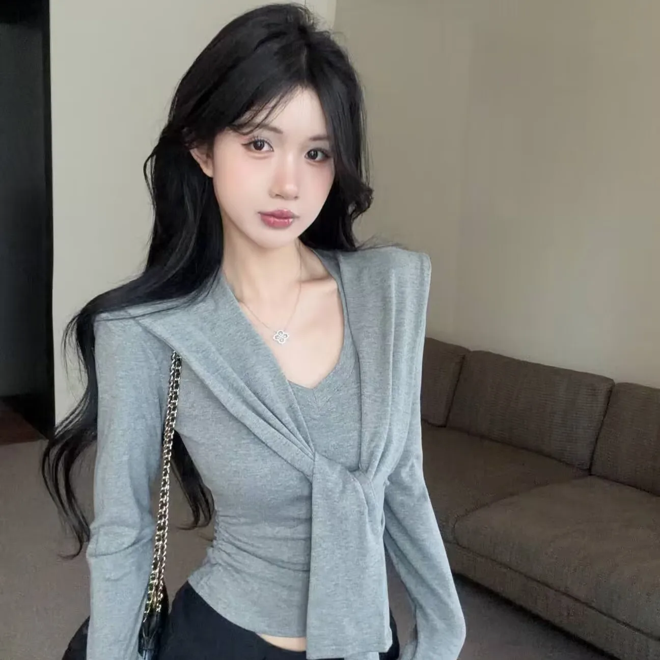 Otoño Invierno nuevo Sle mujer largo Sve v-ne Slim Fit Top cintura ceñida ancho corregido Camere Wrap suéter