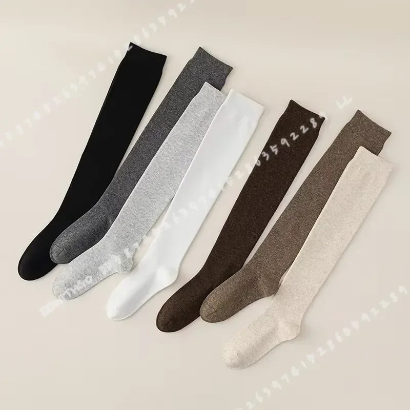 Women Cotton Knee High Socks Autumn Fashion Korean Style Plain Long Over Knee Stockings Simple Classic Ladies Hosiery New