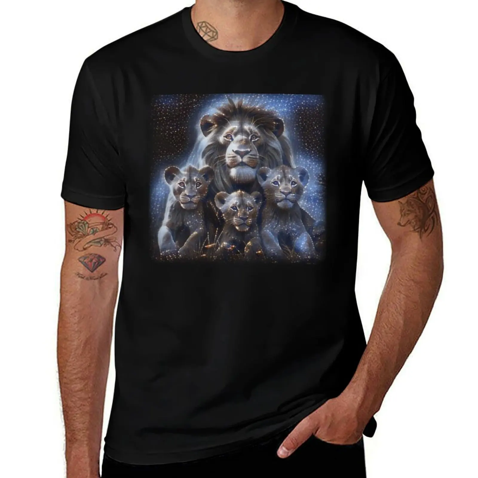 

Lion and 3 cubs - smokey sparkly effect T-Shirt funny shirt cotton oversizeds croswit shirt man graphics mens designer clothes