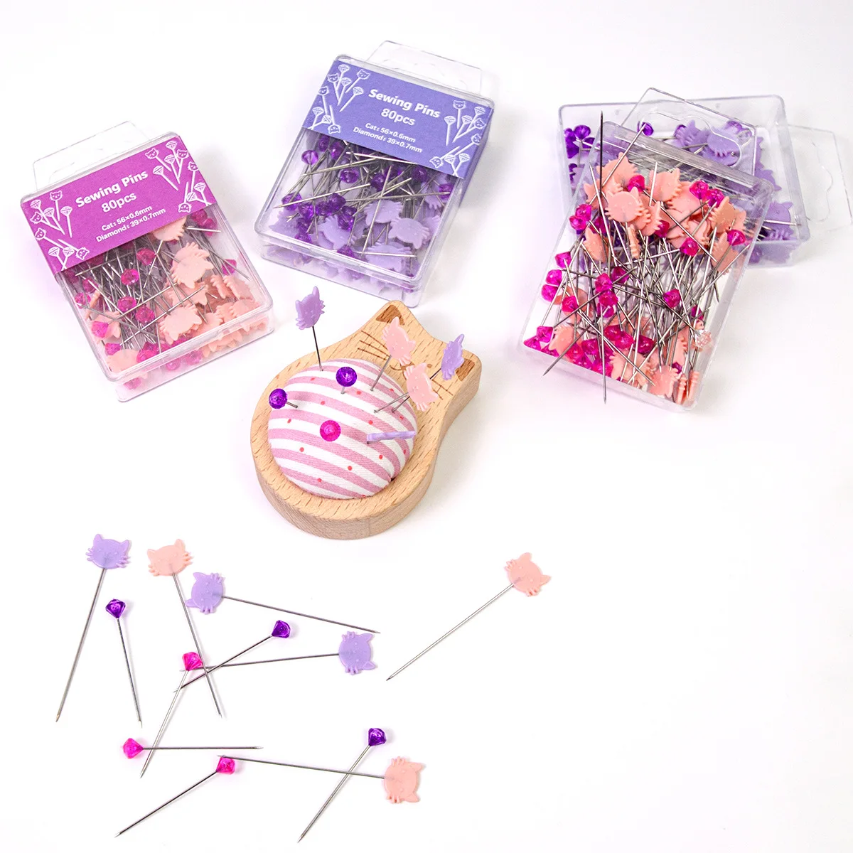 80pcs DIY Crafts Sewing Pin Holder Multi-Color with Positioning Pins Cat-Shaped Diamond Head Pins Dressmaker Quilting suite