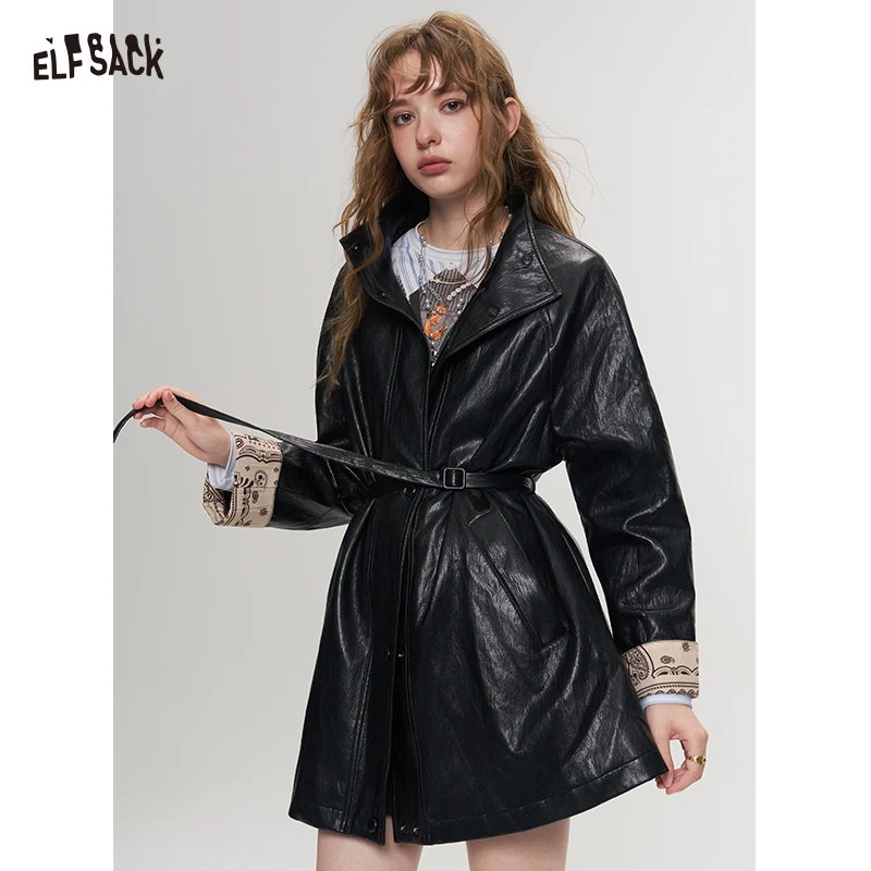 ELFSACK Women's Black Outerwear with Waist Tie & Hidden Placket, Paisley Lined Contrast Cuff Coat, Casual Everyday Jacket