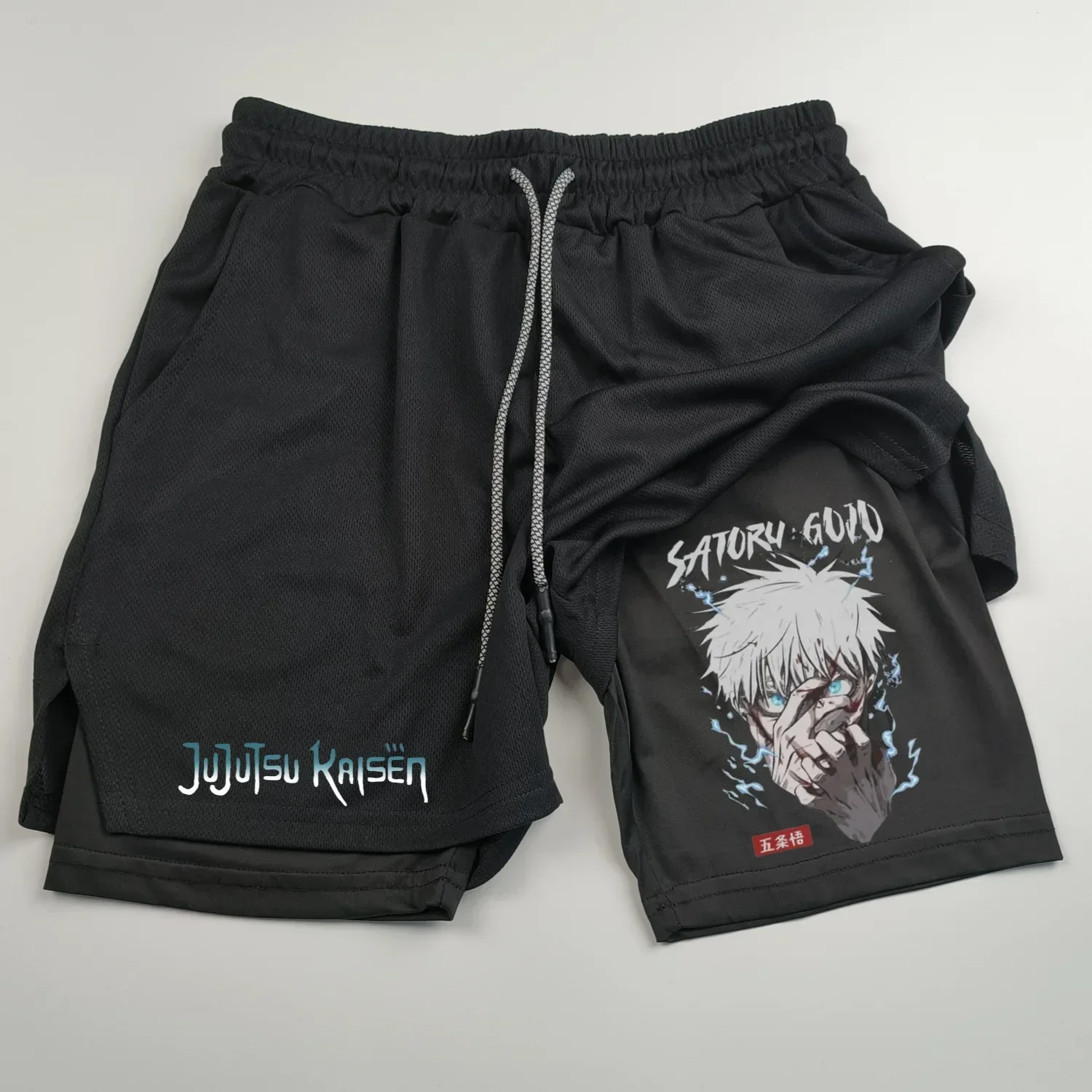 Anime Jujutsu Kaisen 2 in 1 Compression Shorts for Men Athletic Quick Dry Performance Shorts with Pockets Gym Workout Fitness