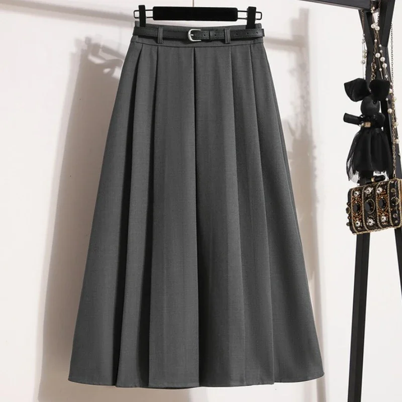 

Women Solid A Line Casual Plus Size Mid Skirt High-Waist Pleated Blazer Skirt Autumn 2025 All Match Ladies Big Size Long Skirts