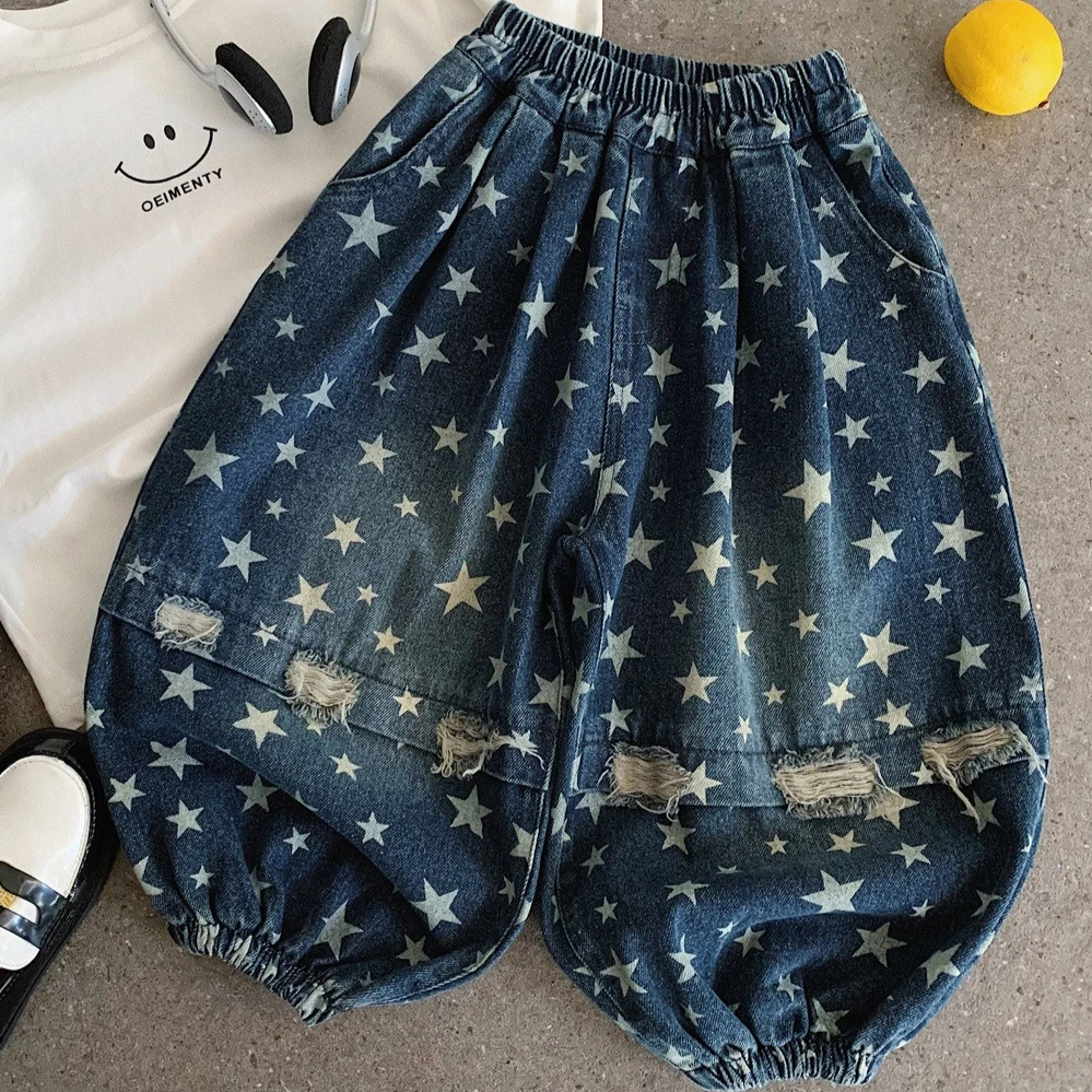 Boys Pants 2026 Spring and Autumn New Childrens Clothes Korean Boys and Girls Personality Loose Casual Star Print Worn Out Jeans