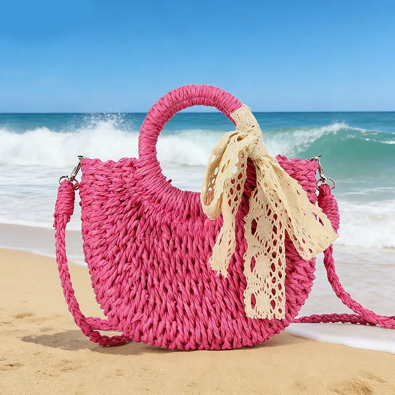 Strohtasche für Damen, handgewebte Handtasche, mondförmige Rattantasche mit Spitze und Schleife, große Kapazität, Kordelzug, lässige Strand-Umhängetasche