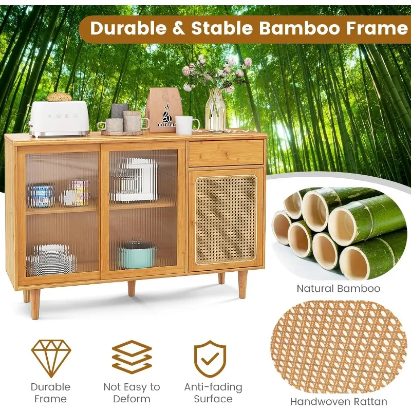 Buffet Cabinet with Storage, Bamboo Sideboard, Drawer