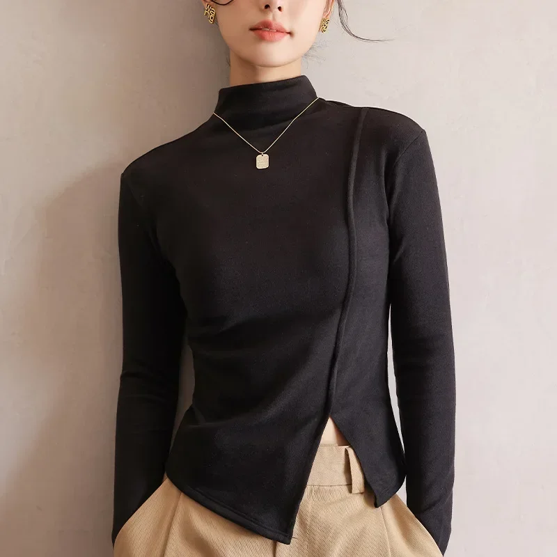 Micron German velvet half turtleneck bottoming shirt for women in autumn and winter with velvet long sleeves