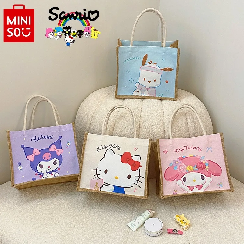 Miniso Sanrio 2024 New Women's Handbag Is A High-quality Linen Shopping Bag, Cartoon Casual Large Capacity Girl Storage Bag