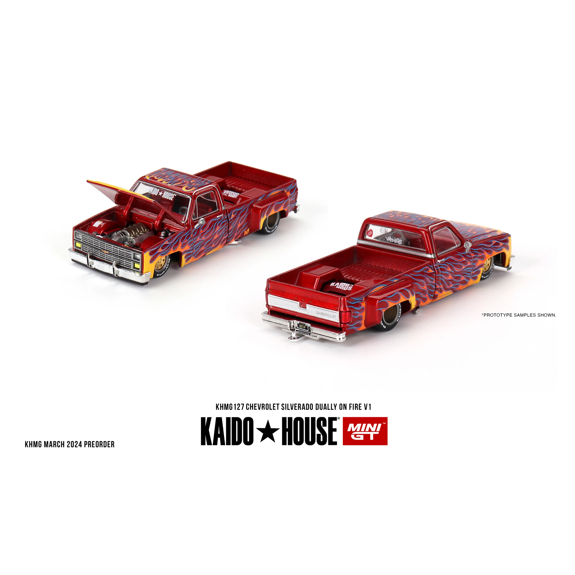 TSM KAIDO HOUSE MINIGT 1/64  KHMG127 silverado Dually on Fire V1 Varnish Chase Green Yellow Die-cast alloy car model