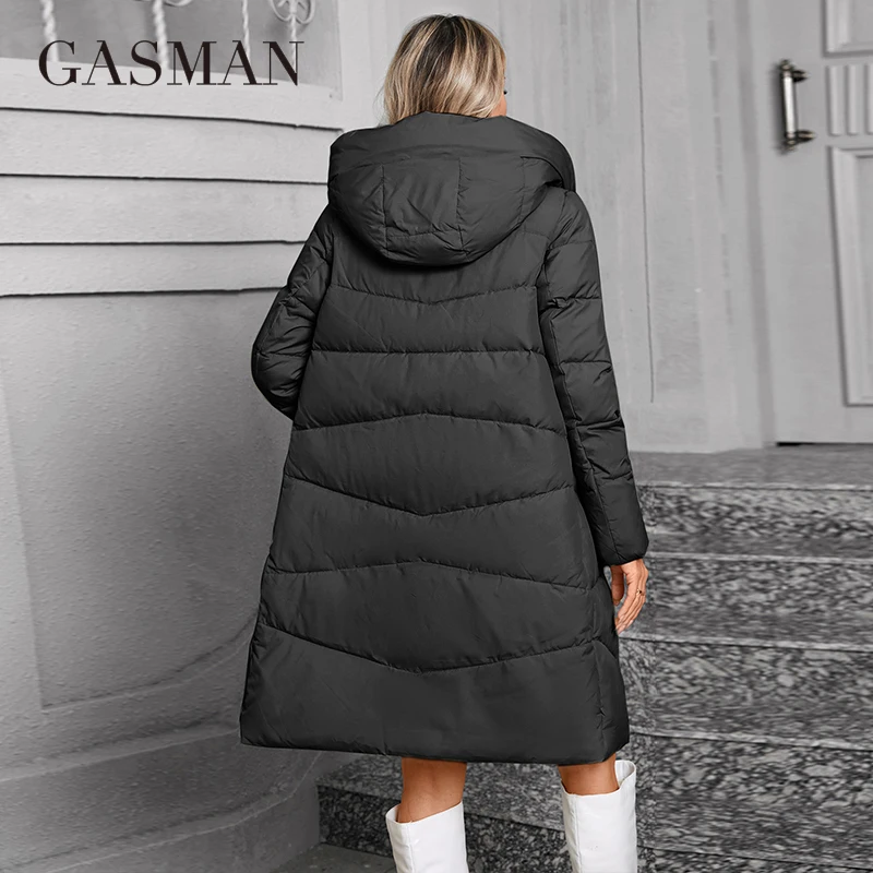 GASMAN 2024 Women Down Jacket Long Classic zipper design Big Pocket Stand Collar Hooded Slim coat Women Parkas GM-83511