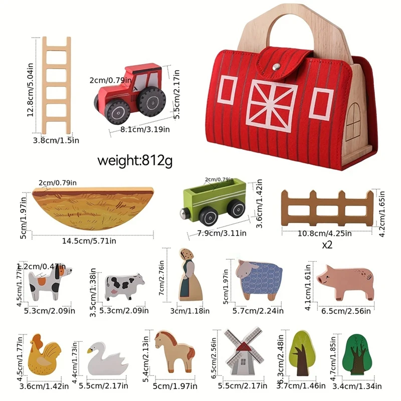 Jouets d'empilage Montessori en bois pour tout-petits, animaux de la ferme, jouets de grange rouge, ensemble de jeu de simulation, cadeau d'anniversaire, 18 pièces