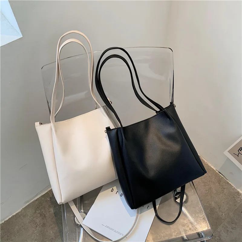 

Simple Women Bucket Shoulder Bags New Solid Color Handbags 2023 Retro Large Capacity Tote Bags Large Capacity Pu Leather Bags