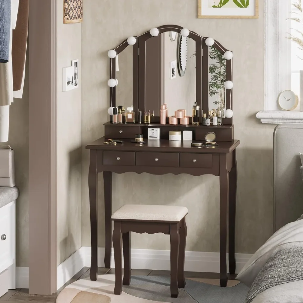 Vanity Desk, Makeup Vanity Set with Lighted Mirror and Stool, Dressing Table with 5 Drawers, 3 Light Settings & Adjusta