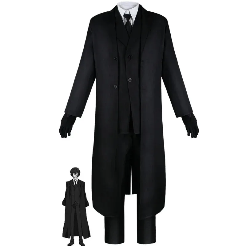 Sisi 2233anime bungo cães vadios osamu dazai cosplay porto máfia conjunto completo preto trench coat peruca camisa gravata festa de natal anime cl