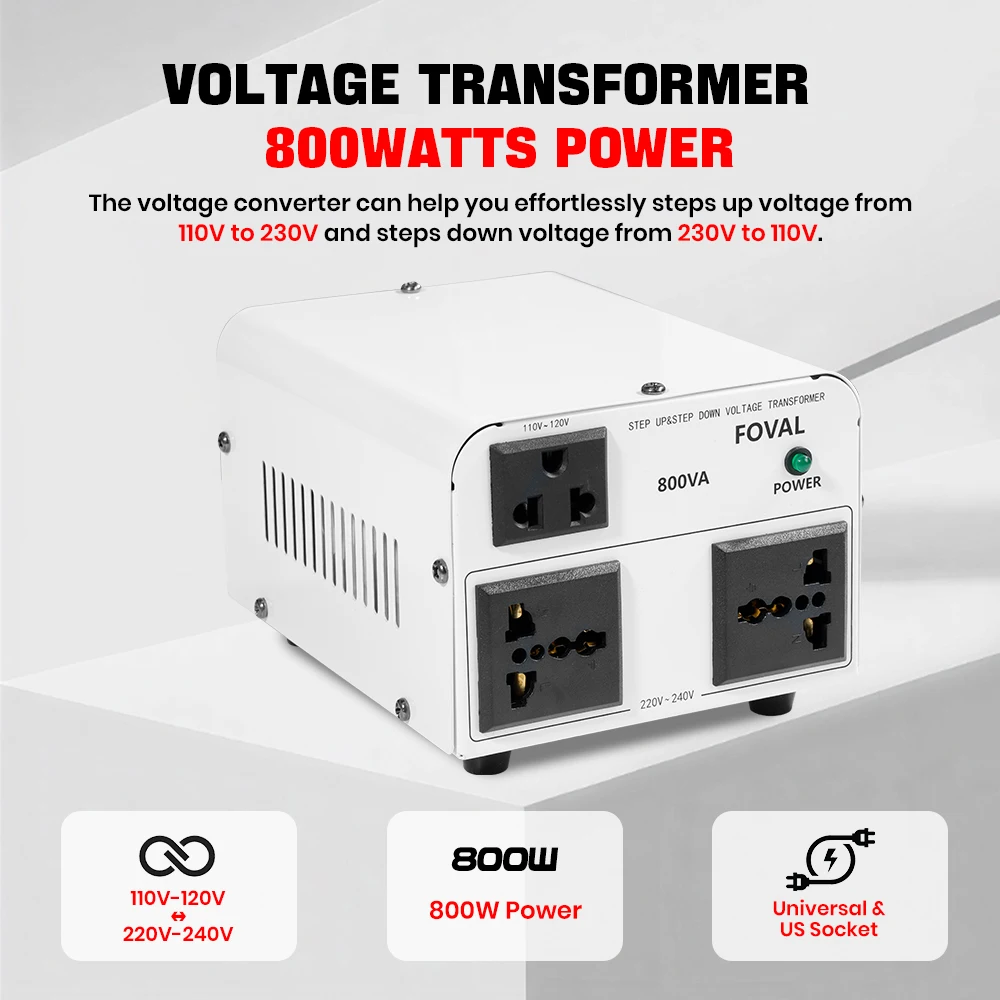 Convertidor de Voltaje 110V-220V 600W/800W, Enchufe UN+US, Transformador Automático de Subida y Bajada de Voltaje, Suministro de 50Hz/60Hz para Electrodomésticos Extranjeros
