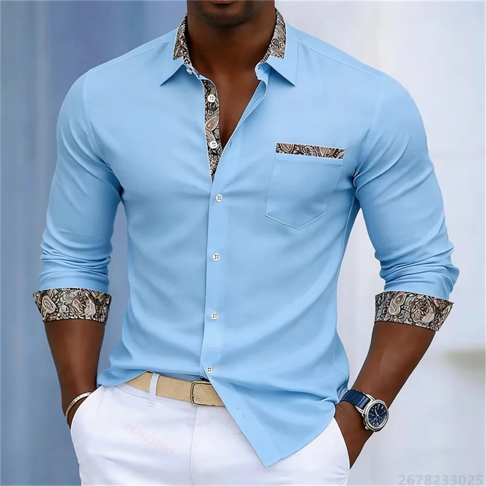 Mens Solid Long Sleeve Shirt Paisley Contrast Collar Cuff Casual Lapel Button Pocket Shirts For Men Business Daily Wear