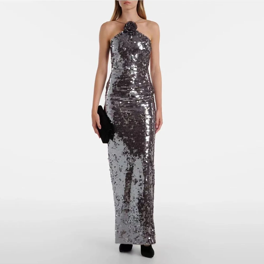 Modphy Elegancka Sukienka Maxi z Kwiatami na Biuście, Cekinami, Wiązana na Szyi, Bez Pleców, Seksowna, Długa Sukienka Letnia 2026 Nowa Moda Suknia Wieczorowa na Przyjęcie