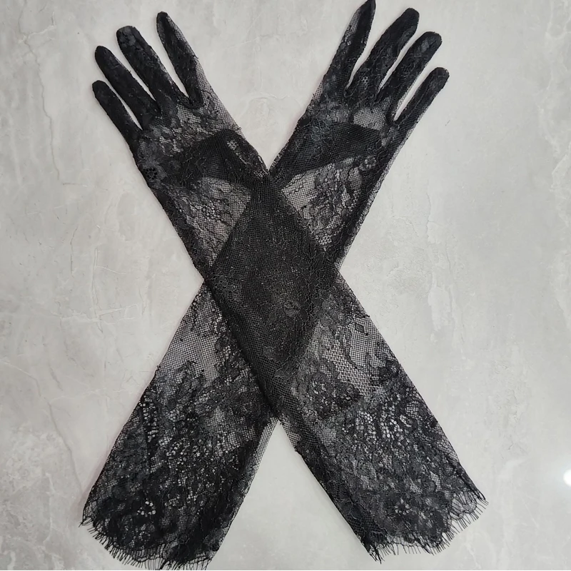 الجنية الأسود الدانتيل الأزهار الزفاف قفازات الزفاف سيدة أنيقة رقيقة طويلة مثير قفازات مساء حزب ملهى ليلي اكسسوارات قفاز شفاف #1