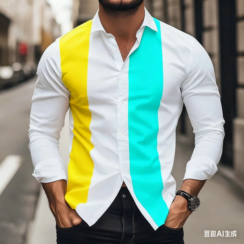 

Men's plus Size Fashionable Business Casual Loose Striped Printed Shirt High-Quality Street Long Sleeved Lapel Button