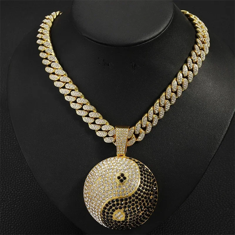 Men Women Hip Hop Crystal Tai Chi Pendant Necklace With 13mm Chunky Cuban Chain Iced Out Bling Fashion Jewelry Factory Selling