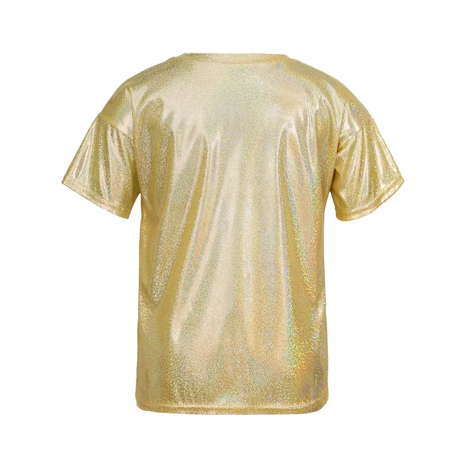 

Kids Boys Girls Shiny Metallic Short Sleeves T-shirt Jazz Dance Costumes Hip Hop Street Dancing Tops Performance Tees