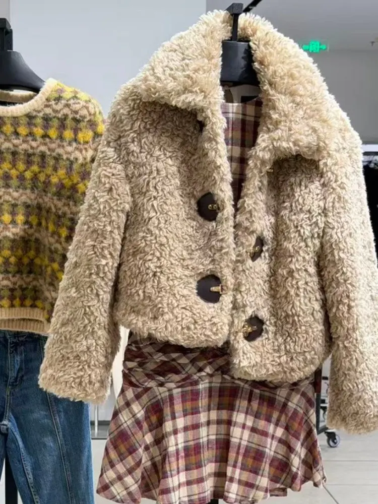 

Lamb Fur Collar Jaet Women's Artificial Fur Effect Coat Winter New Sle Casual Loose Fit Long Sve ort Length Button C...