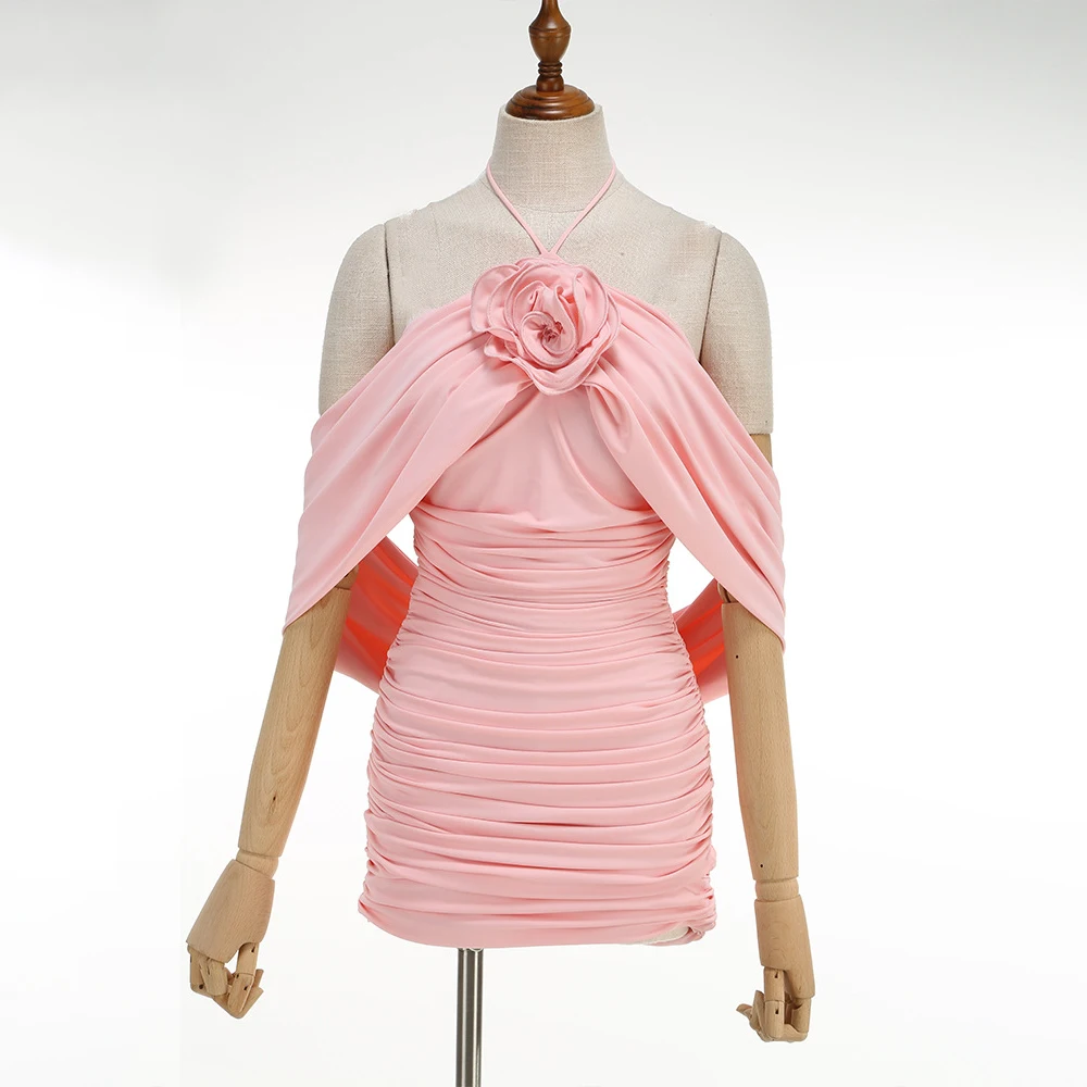 

Элегантное розовое мини-платье с цветочным принтом и бретельками через шею, сексуальное облегающее платье с драпировкой для вечеринок, коктейлей, свадеб, дней рождения и клубных мероприятий для женщин