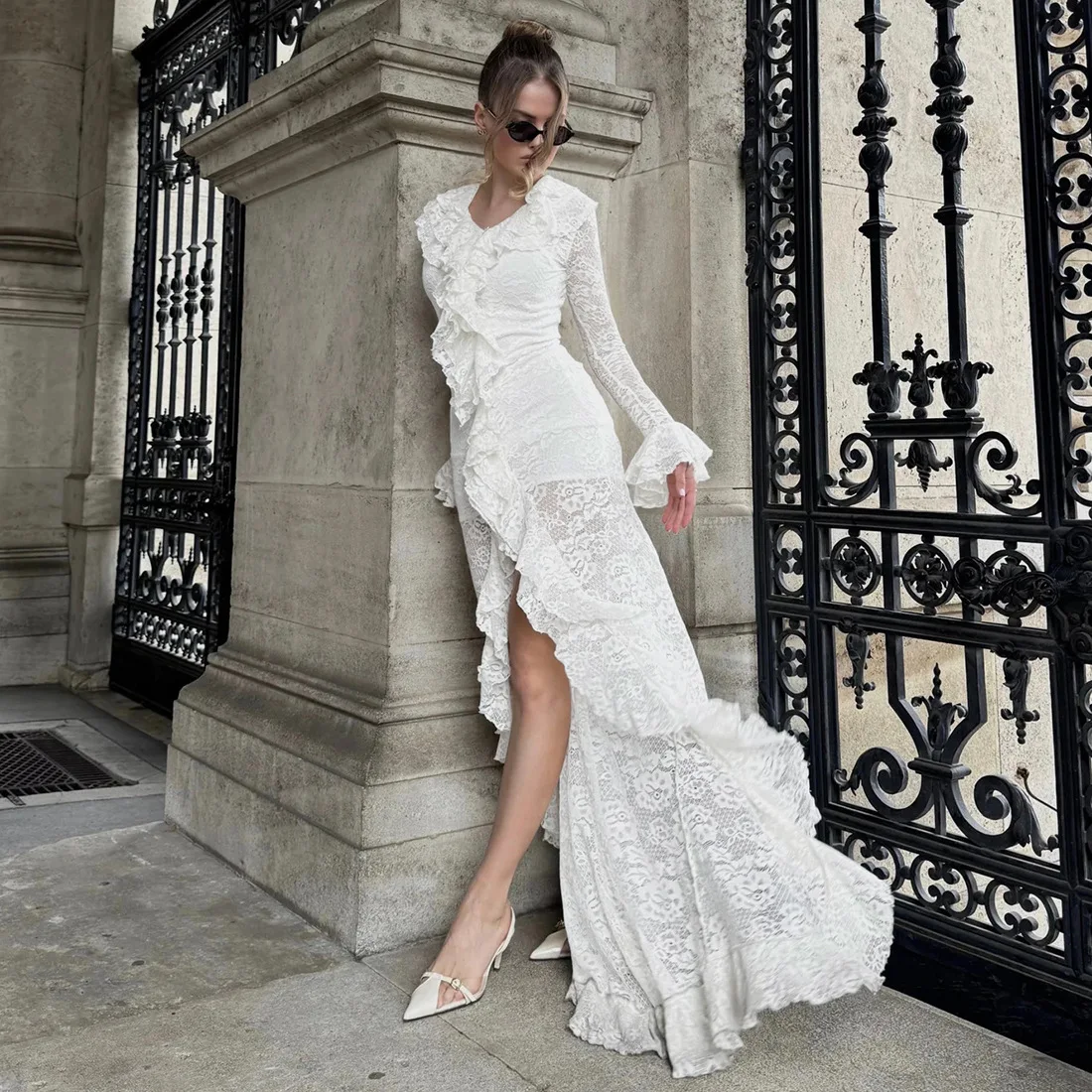 

Lace Flared Sleeves O-Neck Women's Evening Dress High Split Pleated Bandage Gown White Hollow Slim Party Skirt Newest In Stock