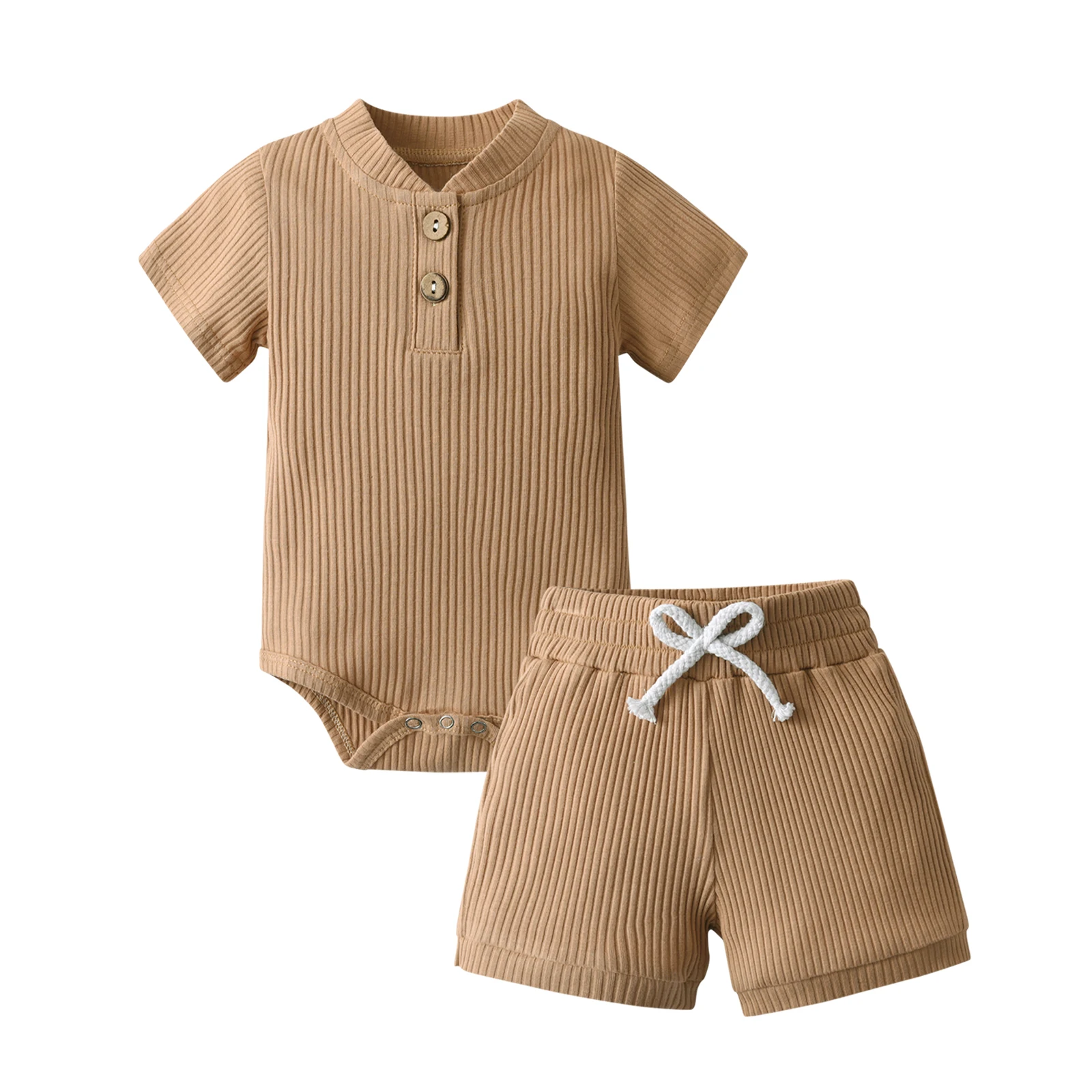 Trend infant Baby Boy Casual Clothes Set Solid Knitted Short Sleeve V-Neck Romper Top + Shorts Two-piece Summer Newborn Outfit