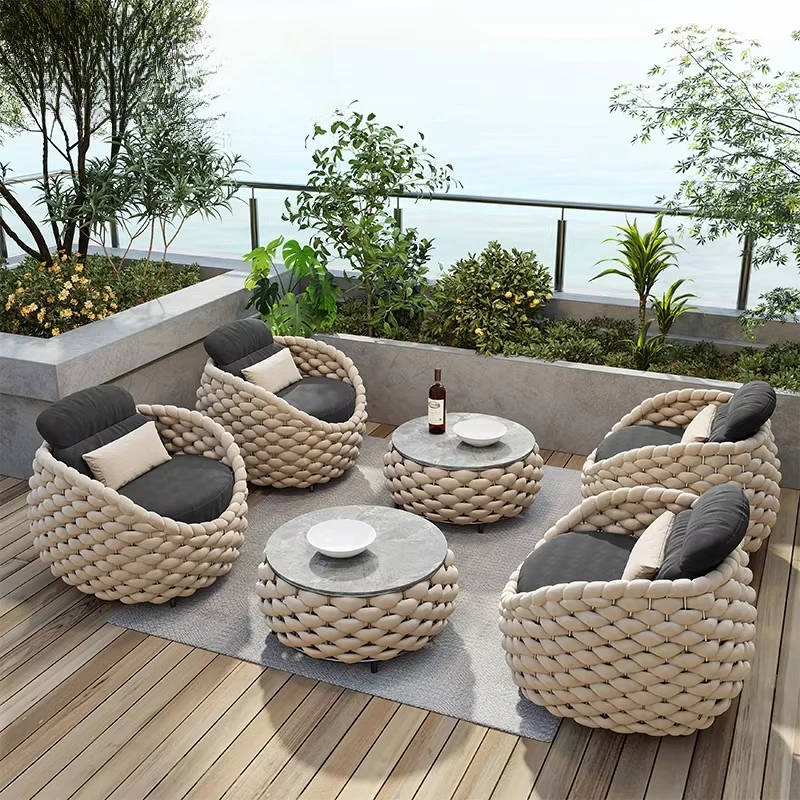 Modern Villa Courtyard Hotel Garden Set Metal Aluminum Frame Fabric Waterproof Cushion Patio Furniture Rope Outdoor Sofa Balcony
