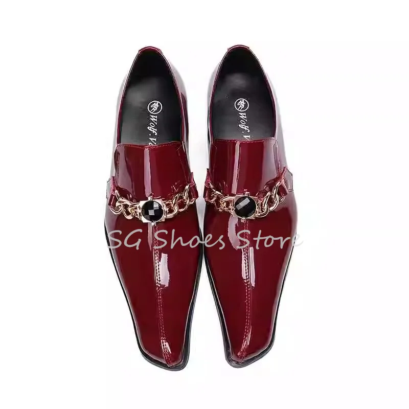 

Classic Male Patent Leather Shallow Loafers Pointed Toe Chunky Heel Slip-On Derby Shoes Male Wedding Party Dress Shoes Oxofrds