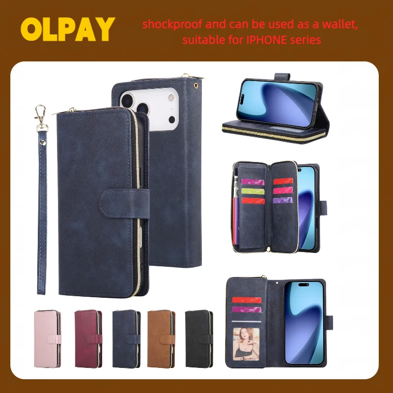 

OLPAY Vintage Wallet Phone Case For Iphone Air 17ProMax 17 16E 16ProMax 16 15Pro 14Pro 13 12 11 7 8 XSmax XR With Cash Card Slot