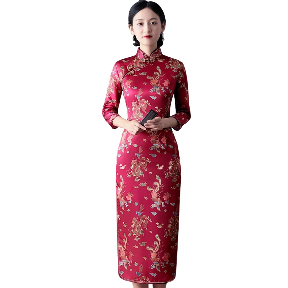 Women Traditional Chinese Qipao Dress Long Sleeve Elegant Side Fork Cheongsam Dress Suitable for Spring and Summer